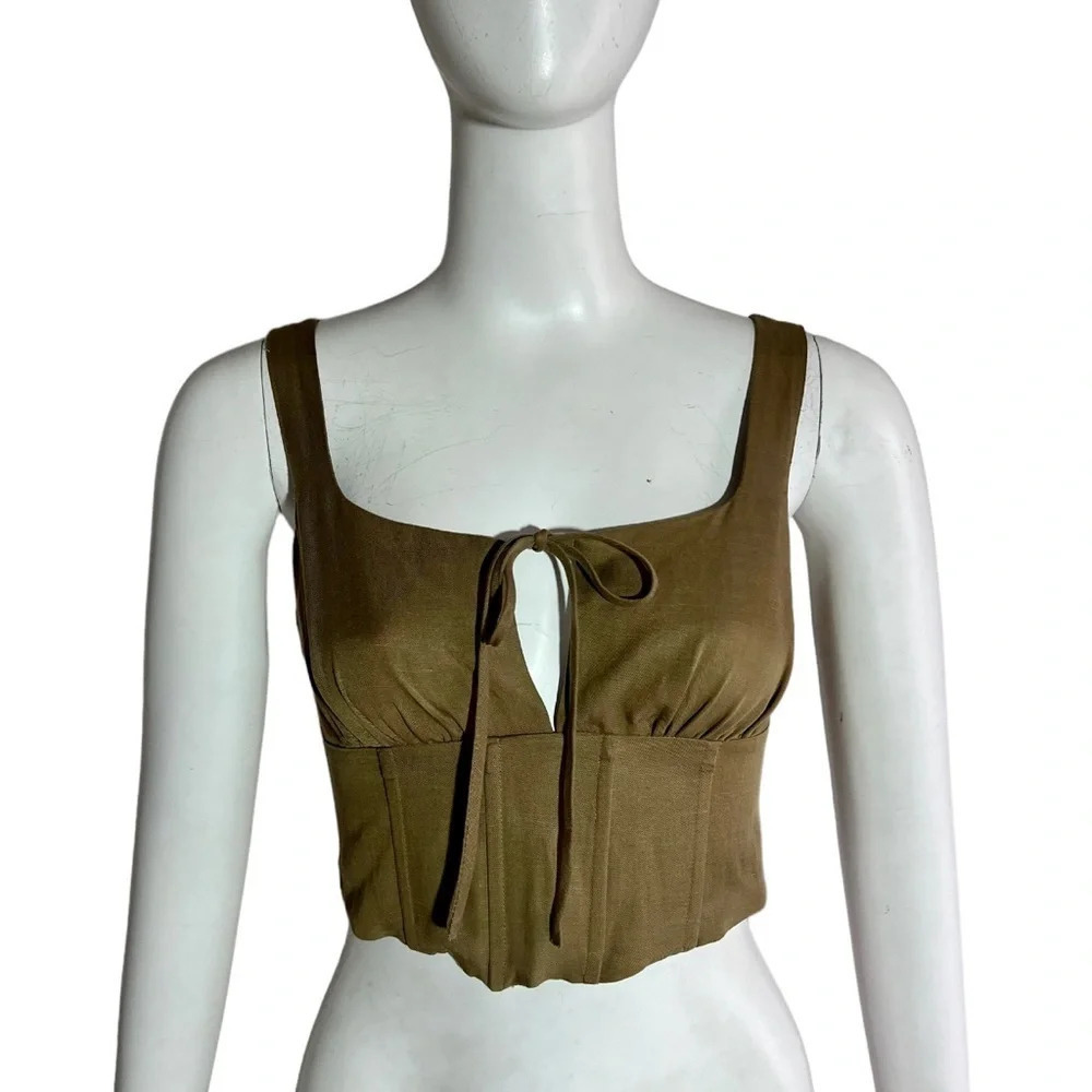 Lovers & Friends Linen Blend Milkmaid Tie Front Corset Crop Top Green Sz XS NWT - Picture 3 of 9